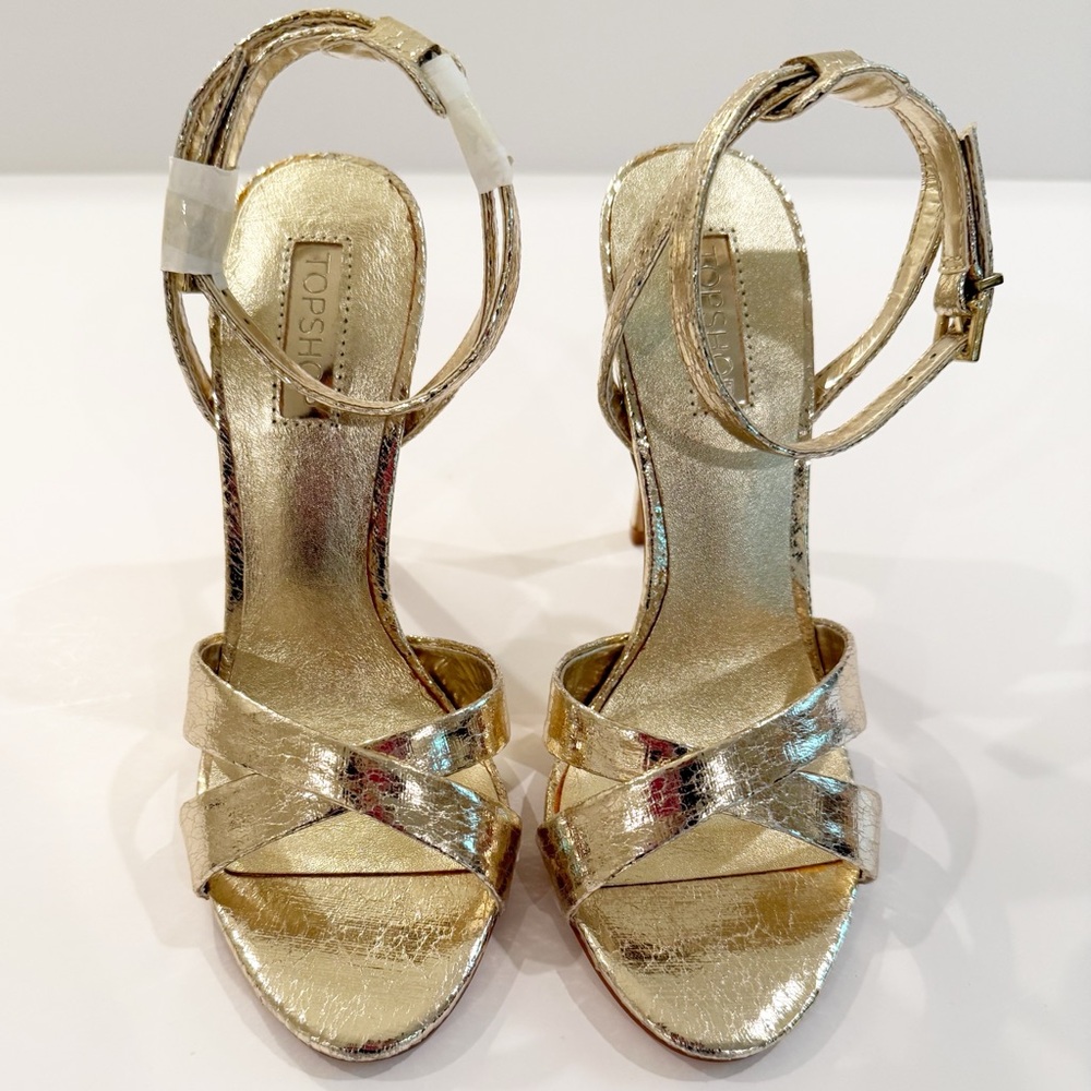 NWT! Topshop ‘Rumour’ Metallic Gold Cross-Strap Heels - Picture 12 of 13